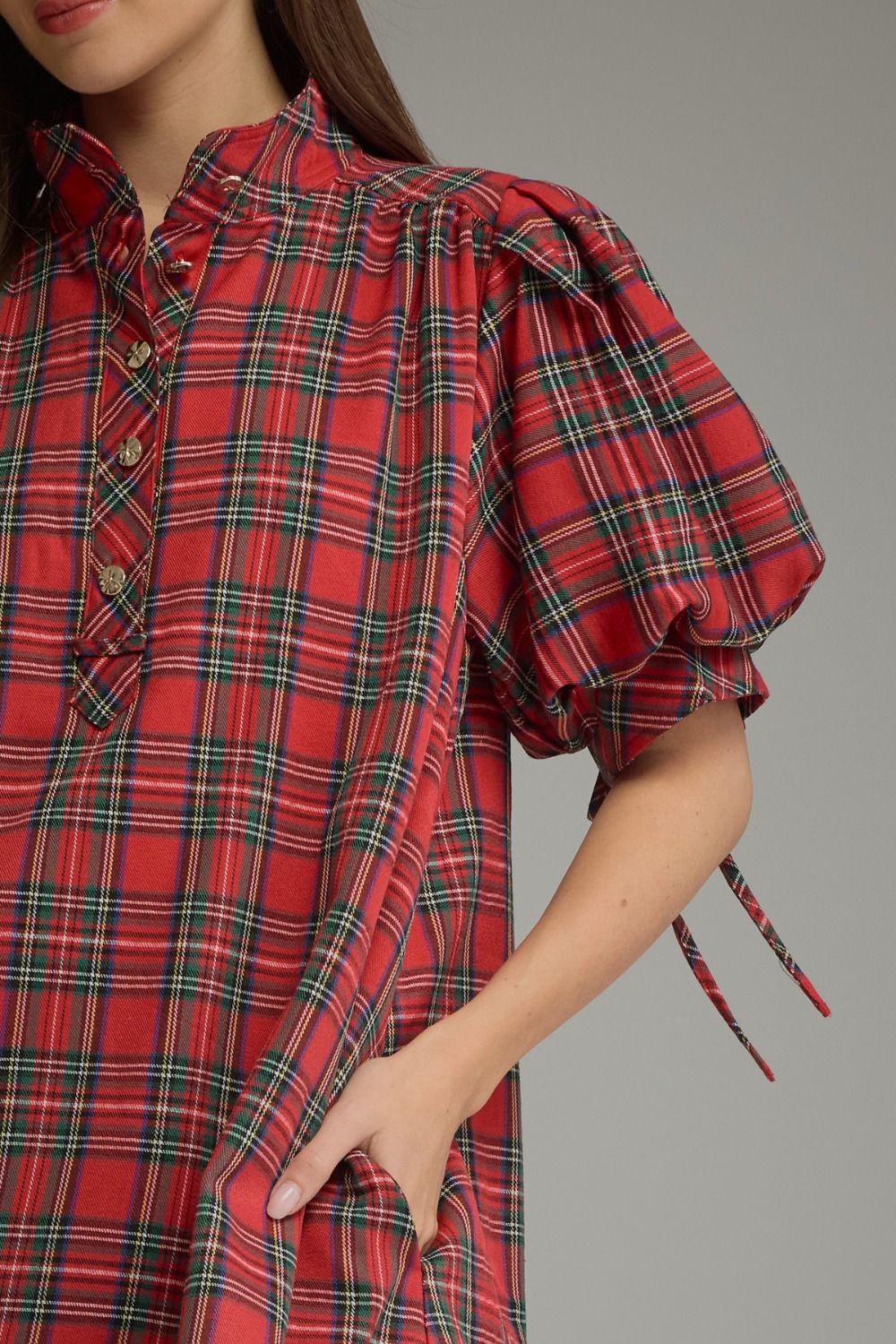ENTRO INC Women's Dresses Holiday Plaid Short Puff Sleeve Mini Dress