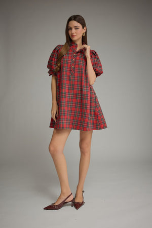 ENTRO INC Women's Dresses Holiday Plaid Short Puff Sleeve Mini Dress