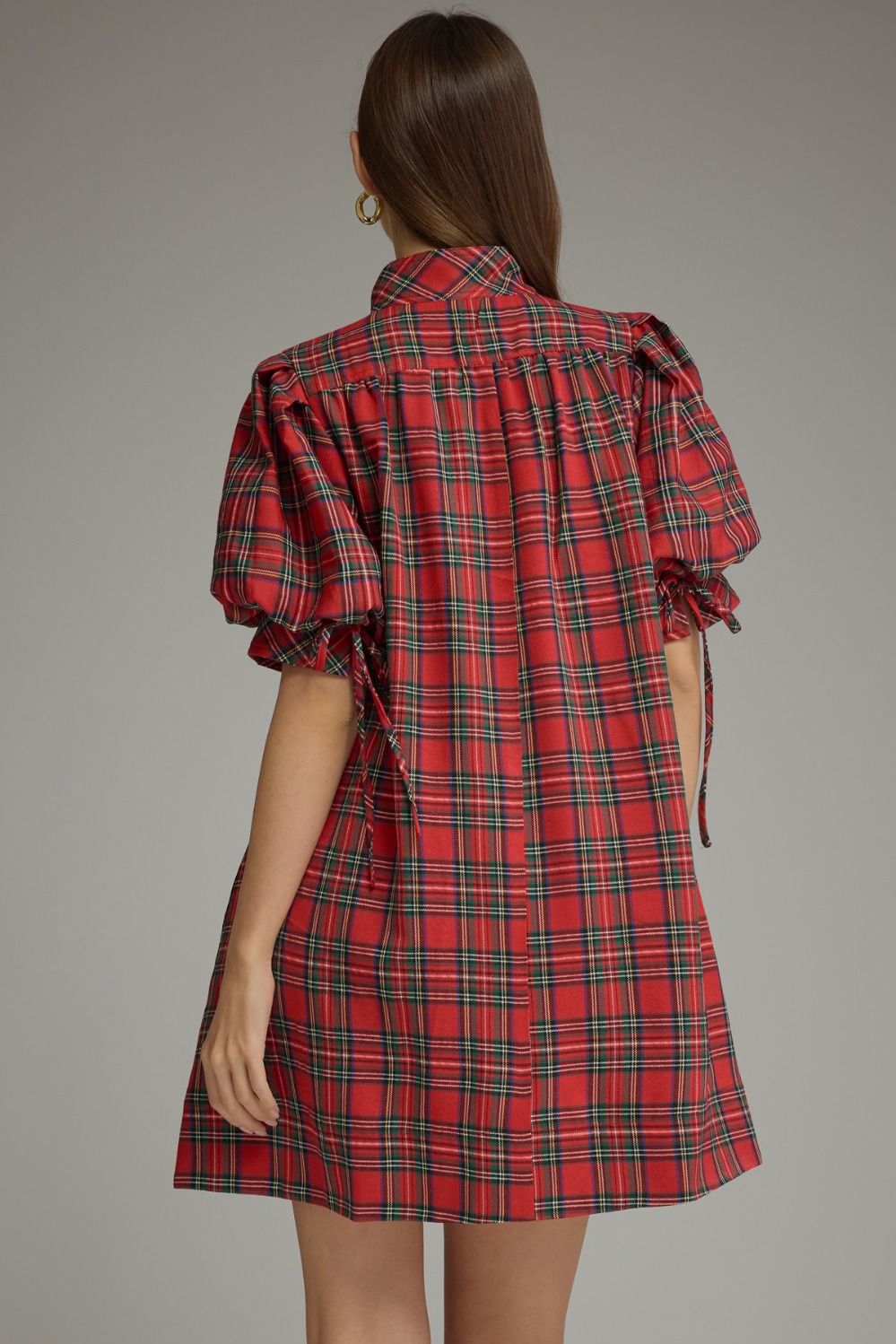 ENTRO INC Women's Dresses Holiday Plaid Short Puff Sleeve Mini Dress