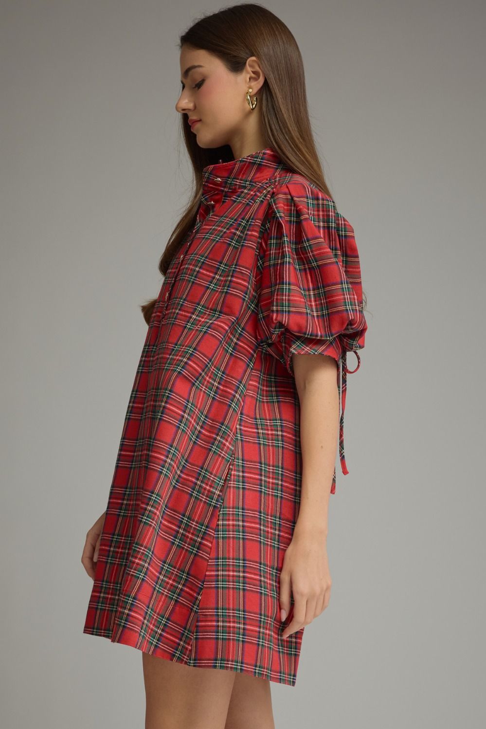 ENTRO INC Women's Dresses Holiday Plaid Short Puff Sleeve Mini Dress