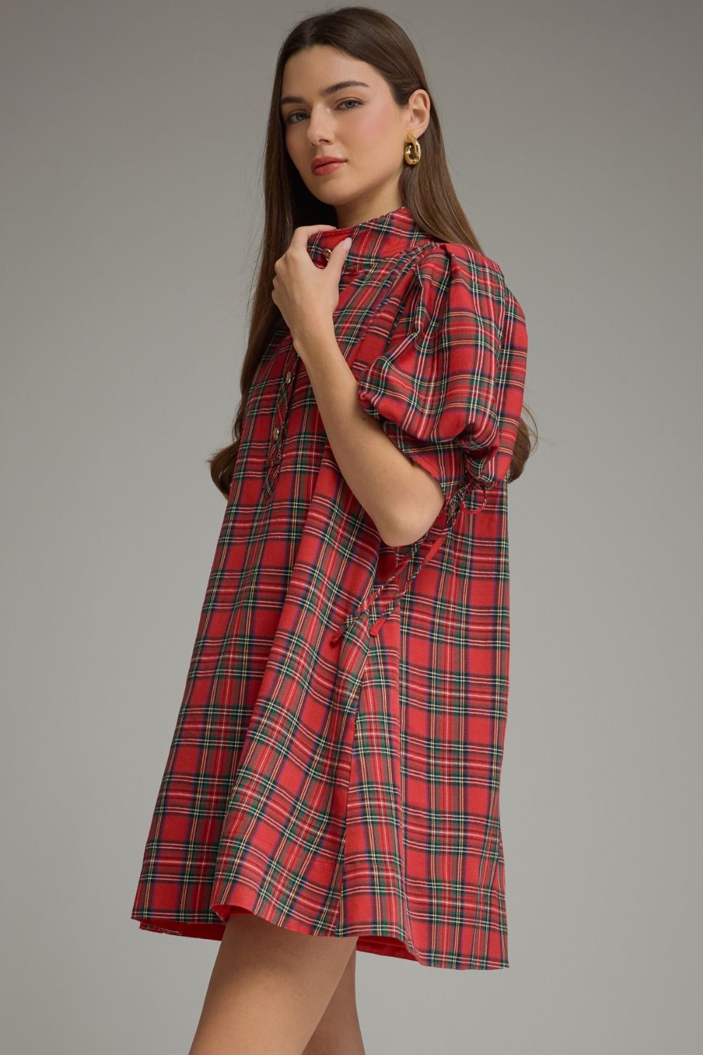 ENTRO INC Women's Dresses Holiday Plaid Short Puff Sleeve Mini Dress