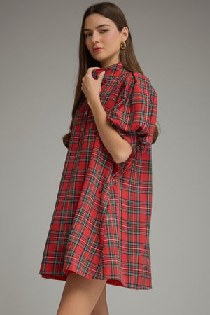 ENTRO INC Women's Dresses Holiday Plaid Short Puff Sleeve Mini Dress