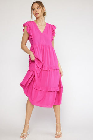 ENTRO INC Women's Dresses HOT PINK / S V-neck Ruffle Sleeve Tiered Midi Dress || David's Clothing D19611