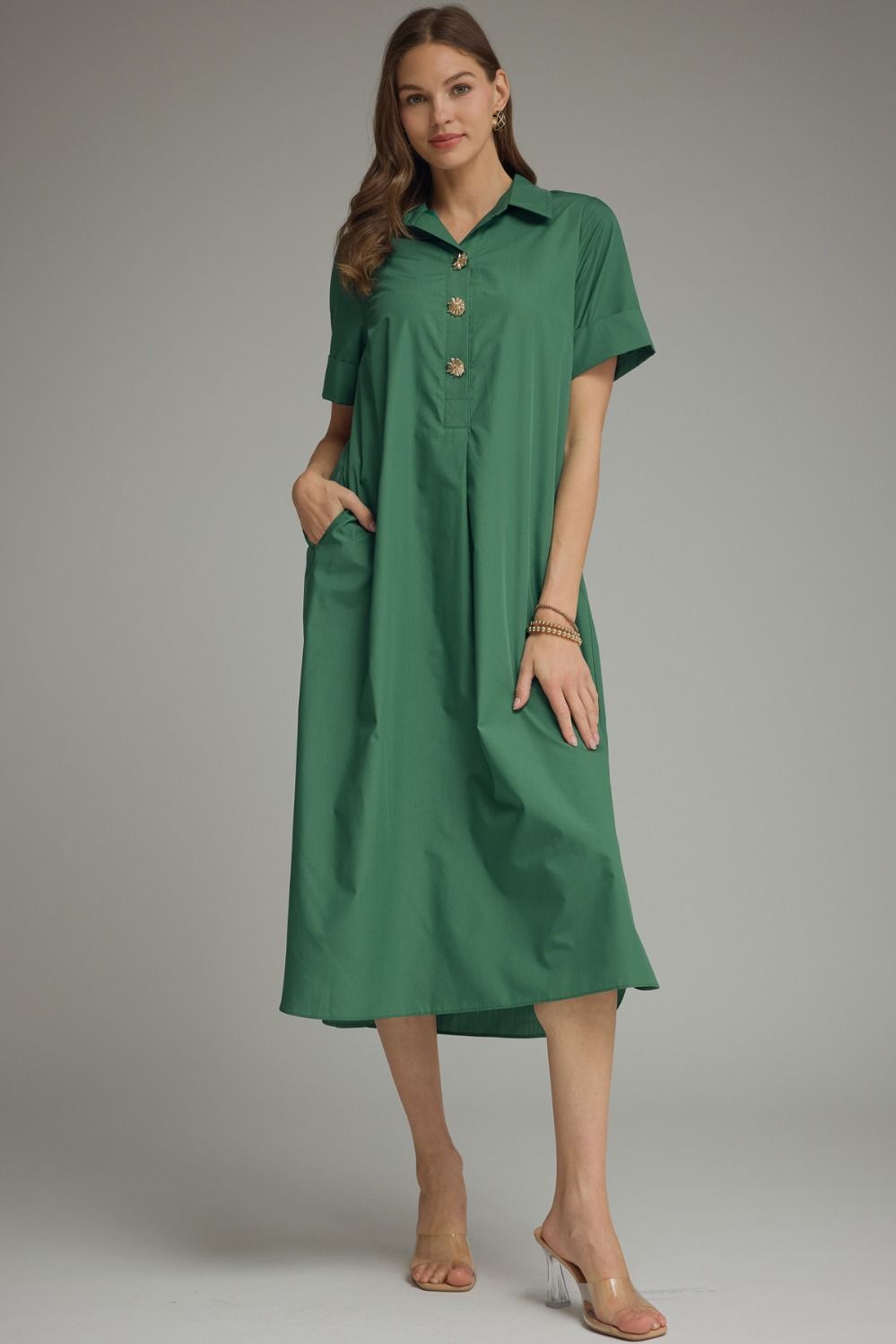 ENTRO INC Women's Dresses HUNTER G / S Gold Button Solid Short Sleeve Midi Dress D29516F
