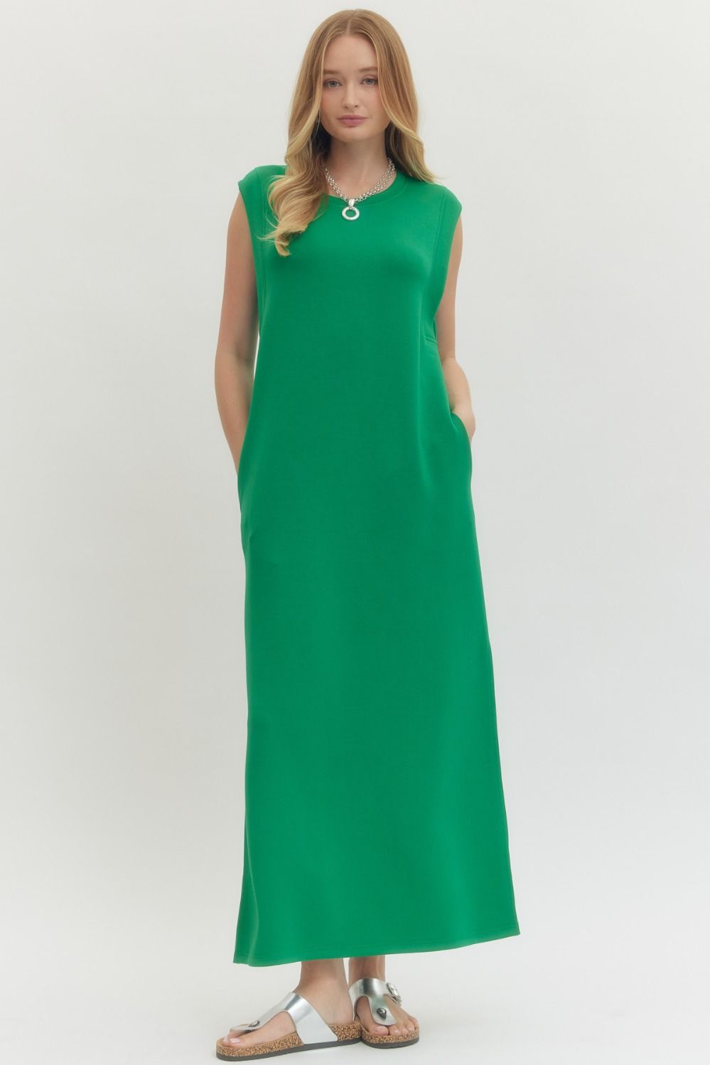 ENTRO INC Women's Dresses KELLY GR / S Solid Jersey Knit Pullover Midi Dress || David's Clothing D27101