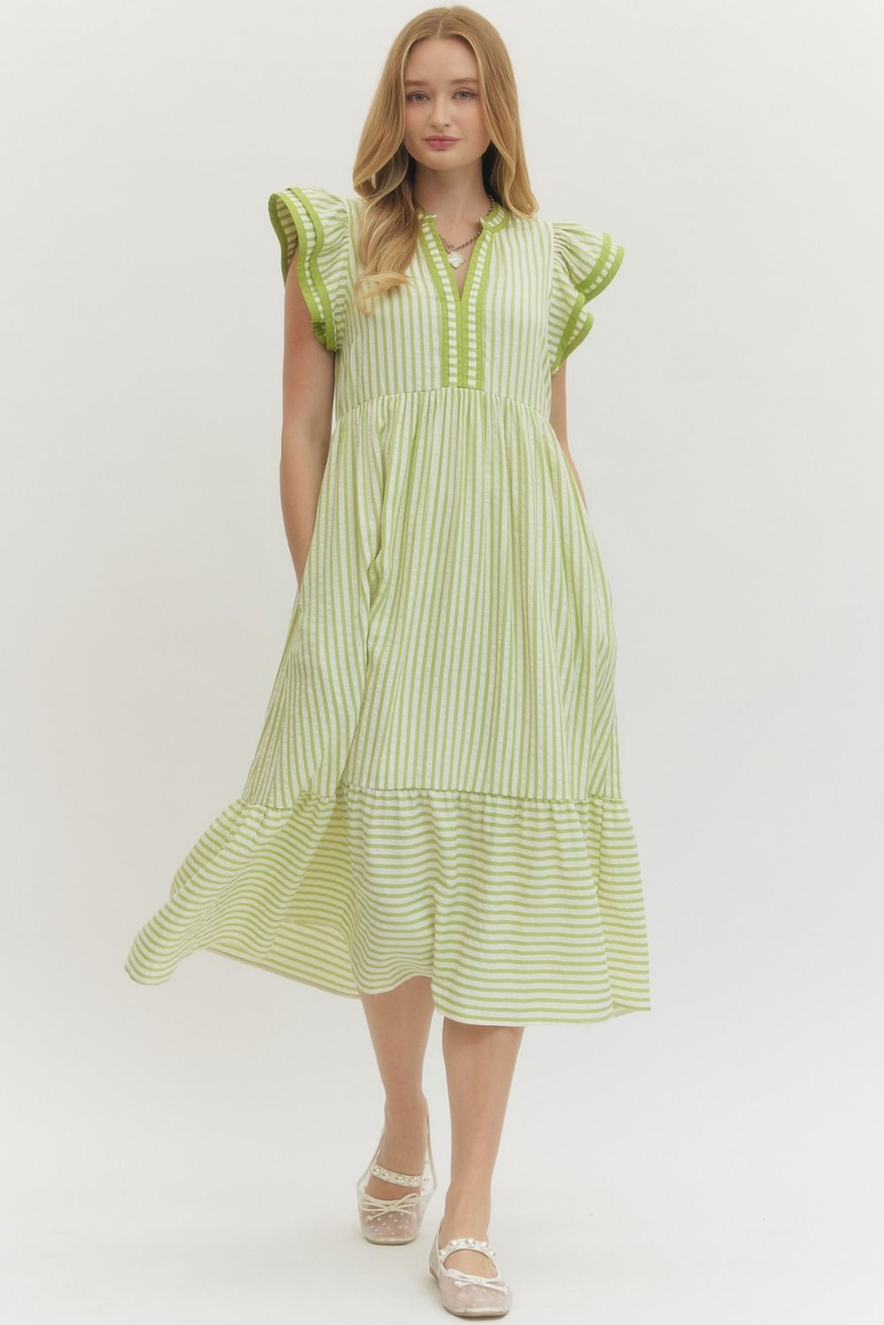 ENTRO INC Women's Dresses LIME / S Textured stripe pattern tiered ruffle flutter sleeve D26444SPRING