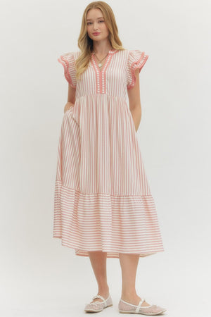 ENTRO INC Women's Dresses LT PINK / S Textured stripe pattern tiered ruffle flutter sleeve D26444SPRING