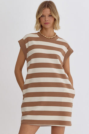 ENTRO INC Women's Dresses MOCHA / S Stripe Sleeveless Mini Dress || David's Clothing D22406