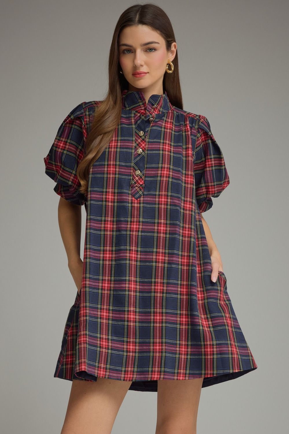 ENTRO INC Women's Dresses NAVY / S Holiday Plaid Short Puff Sleeve Mini Dress D33968