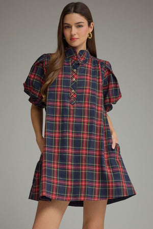 ENTRO INC Women's Dresses NAVY / S Holiday Plaid Short Puff Sleeve Mini Dress D33968