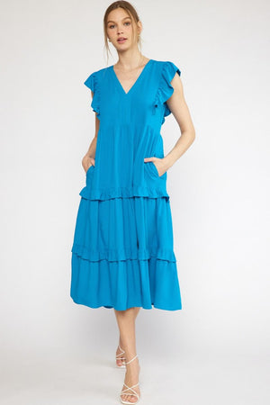 ENTRO INC Women's Dresses OCEANBLU / S V-neck Ruffle Sleeve Tiered Midi Dress || David's Clothing D19611