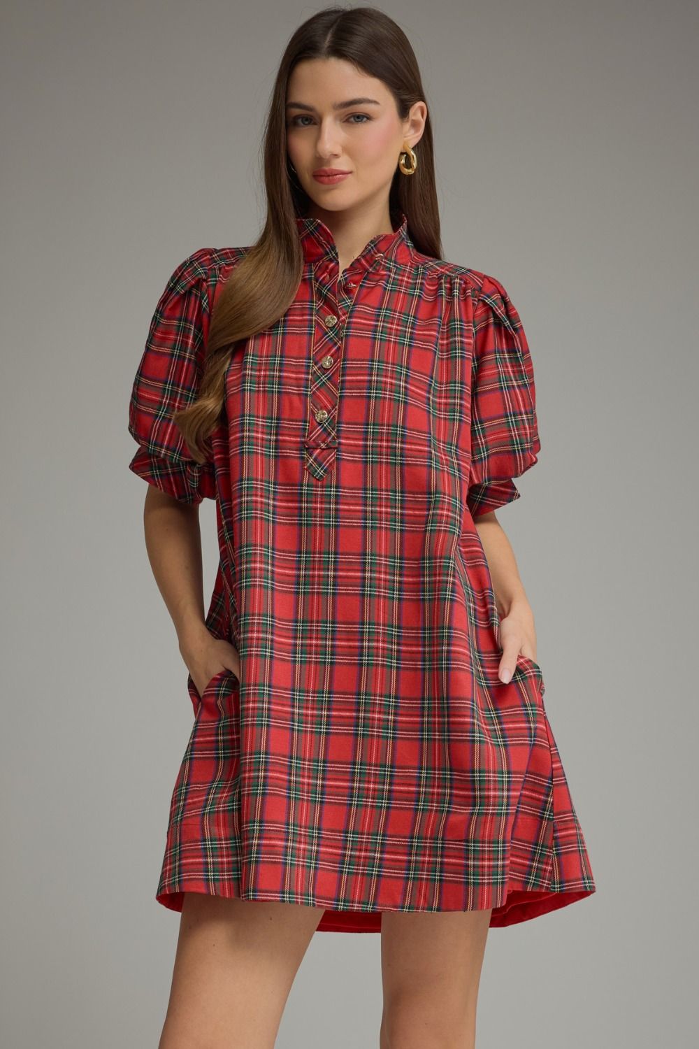 ENTRO INC Women's Dresses NAVY / S Holiday Plaid Short Puff Sleeve Mini Dress D33968
