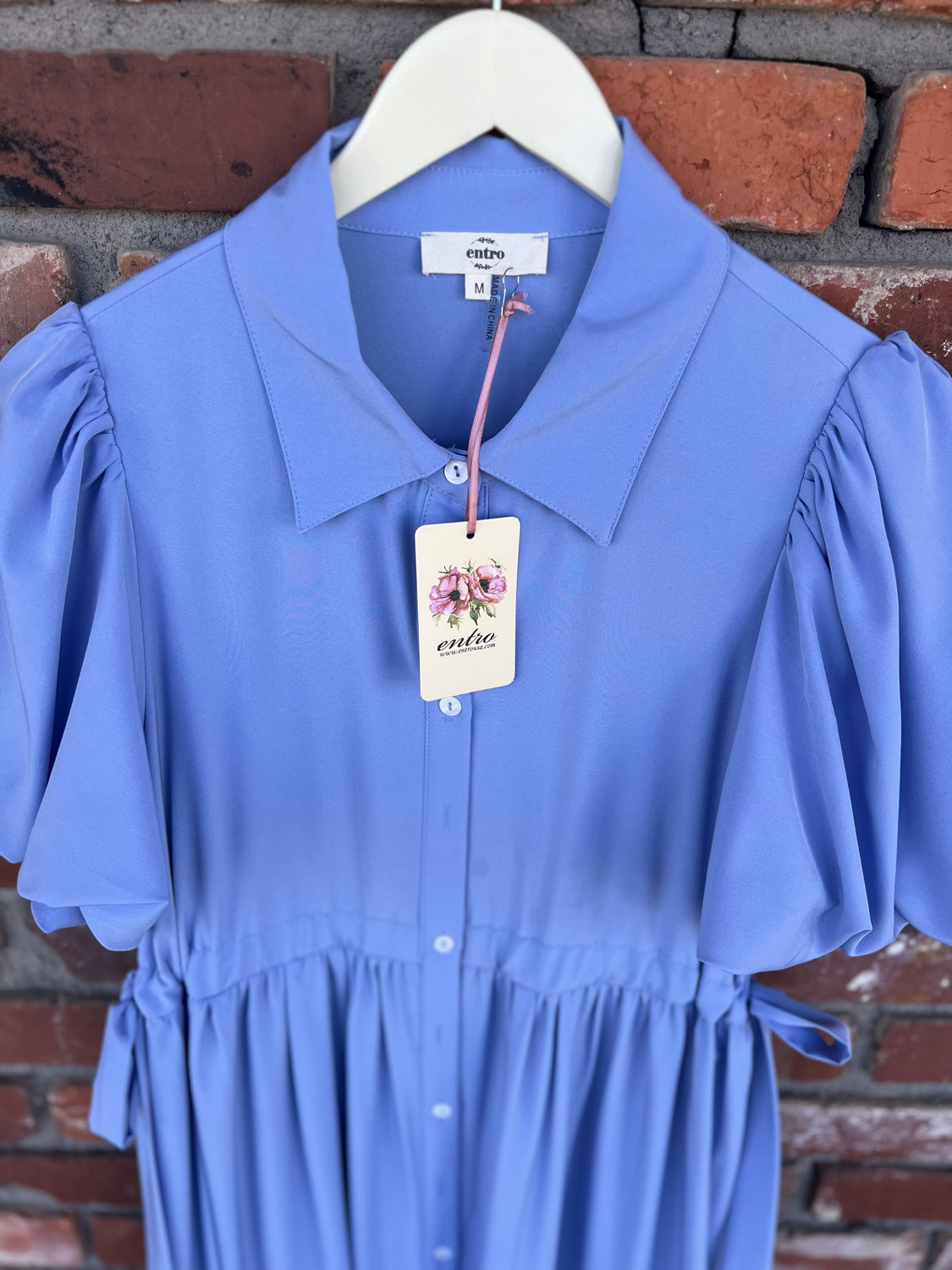 ENTRO INC Women's Dresses Shirt Collar Button Closure Short Bubble Sleeve Midi Dress