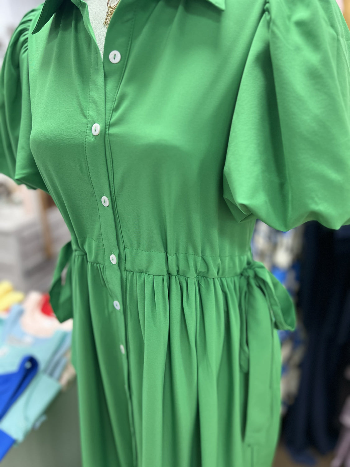 ENTRO INC Women's Dresses GREEN / S Shirt Collar Button Closure Short Bubble Sleeve Midi Dress D26615