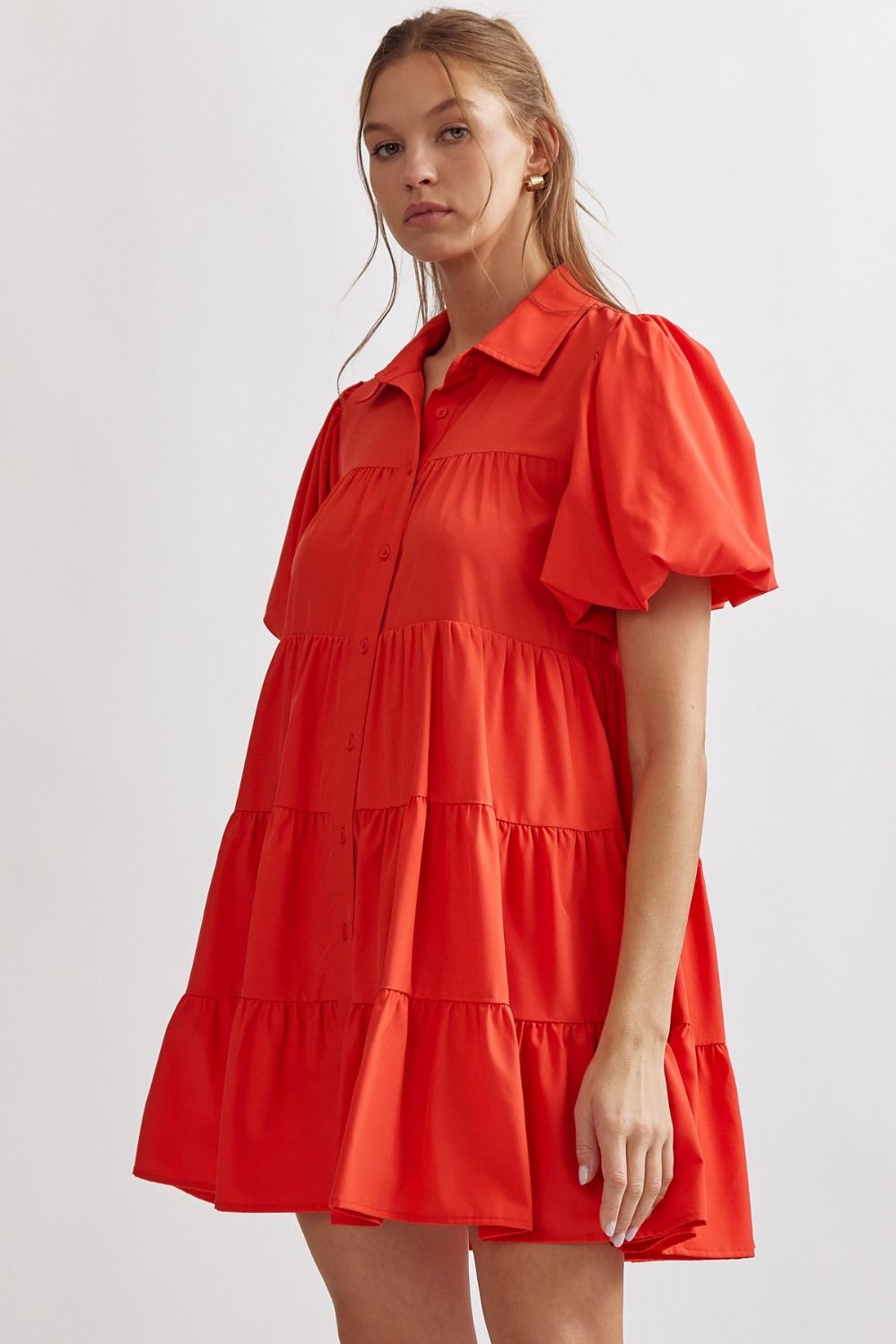 ENTRO INC Women's Dresses RED / S Short Sleeve Button Up Dress || David's Clothing D21143