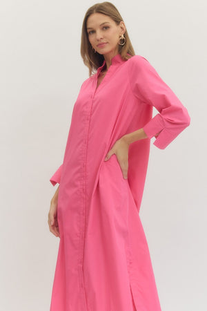 ENTRO INC Women's Dresses Solid Button Down Long Sleeve Midi Dress