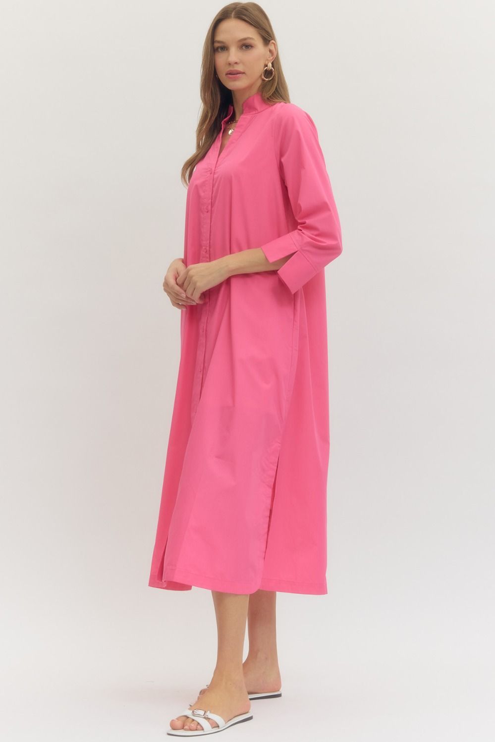 ENTRO INC Women's Dresses Solid Button Down Long Sleeve Midi Dress