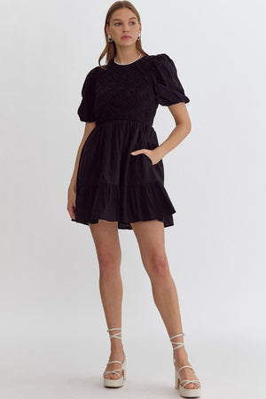 ENTRO INC Women's Dresses Solid Smocked Short Sleeve Mini Dress || David's Clothing