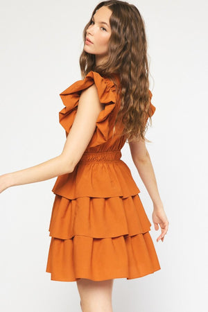 ENTRO INC Women's Dresses Solid V-Neck Ruffle Sleeve Mini Dress || David's Clothing