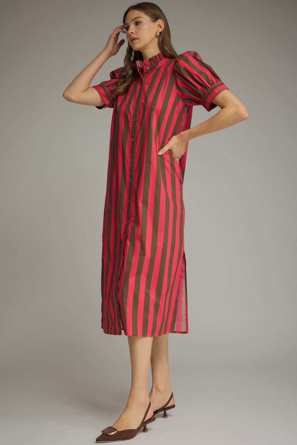 ENTRO INC Women's Dresses Stripe Print Short Puff Sleeve Midi Dress
