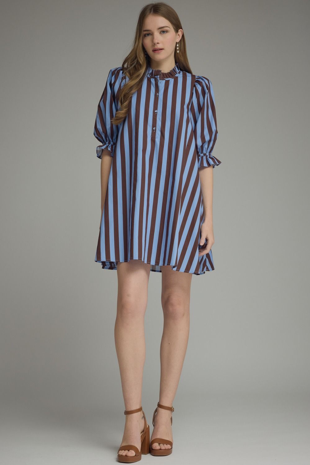 ENTRO INC Women's Dresses Striped 3/4 Puff Sleeve Mini Dress