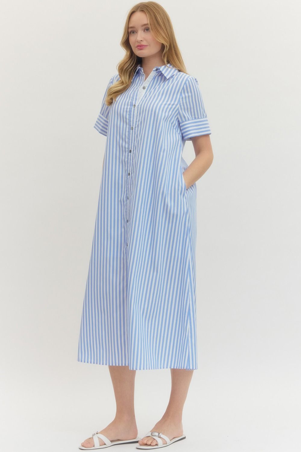 ENTRO INC Women's Dresses Striped Short Sleeve Shirt Midi Dress
