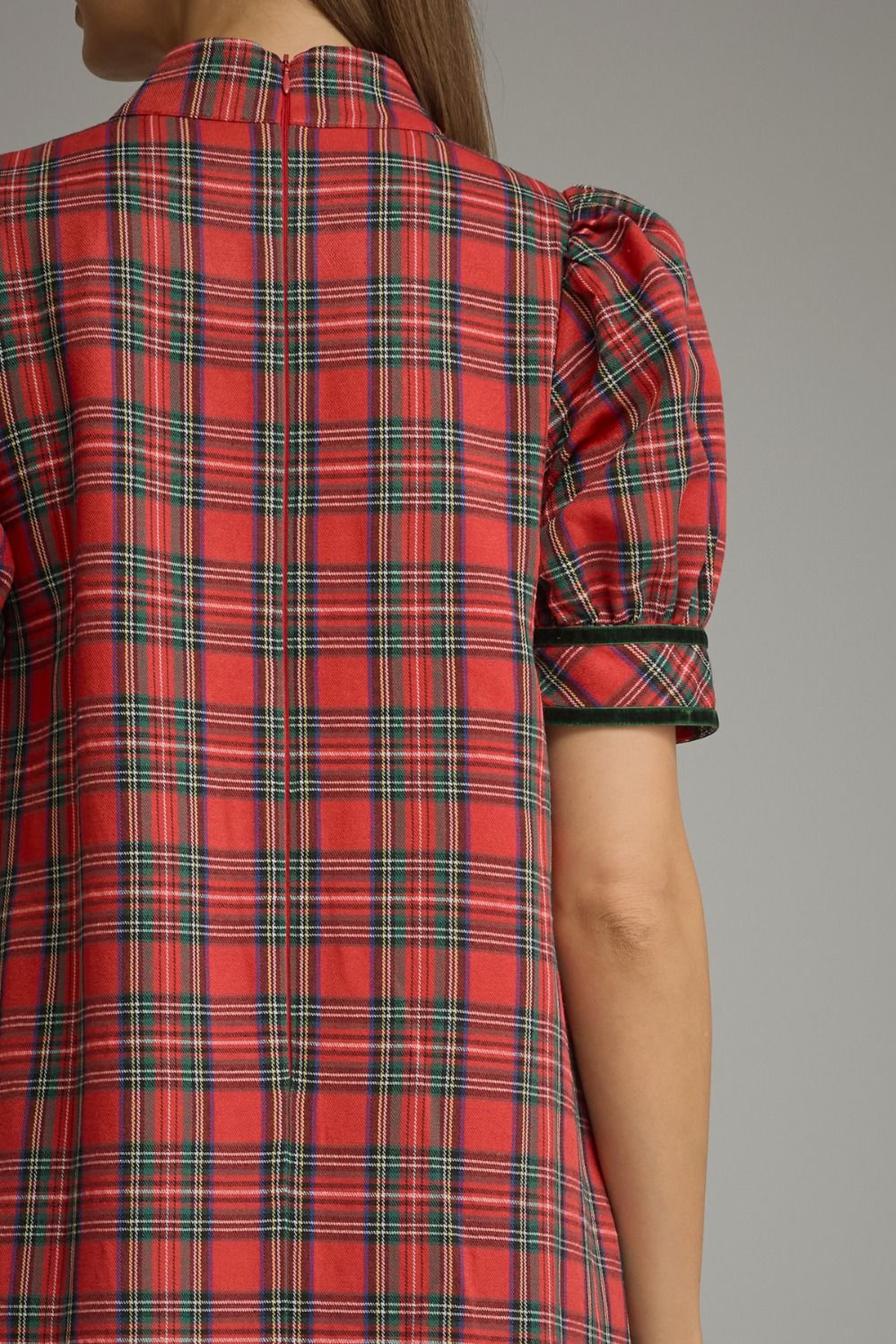 ENTRO INC Women's Dresses Tartan Plaid Short Puff Sleeve Midi Dress