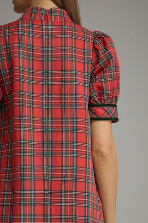 ENTRO INC Women's Dresses Tartan Plaid Short Puff Sleeve Midi Dress