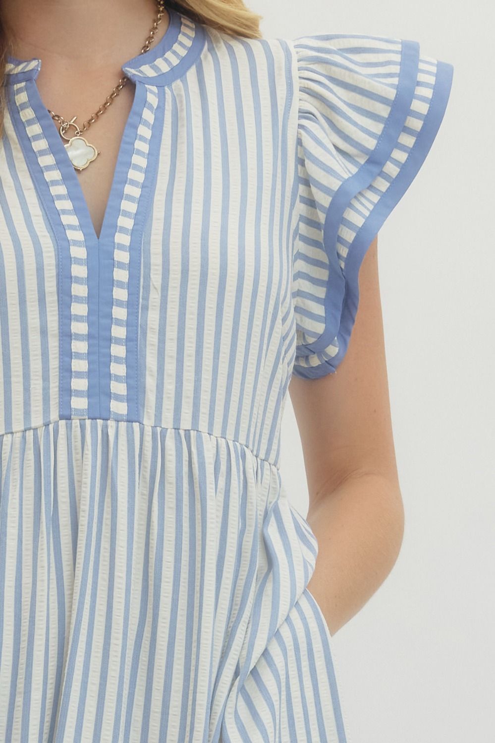 ENTRO INC Women's Dresses Textured stripe pattern tiered ruffle flutter sleeve