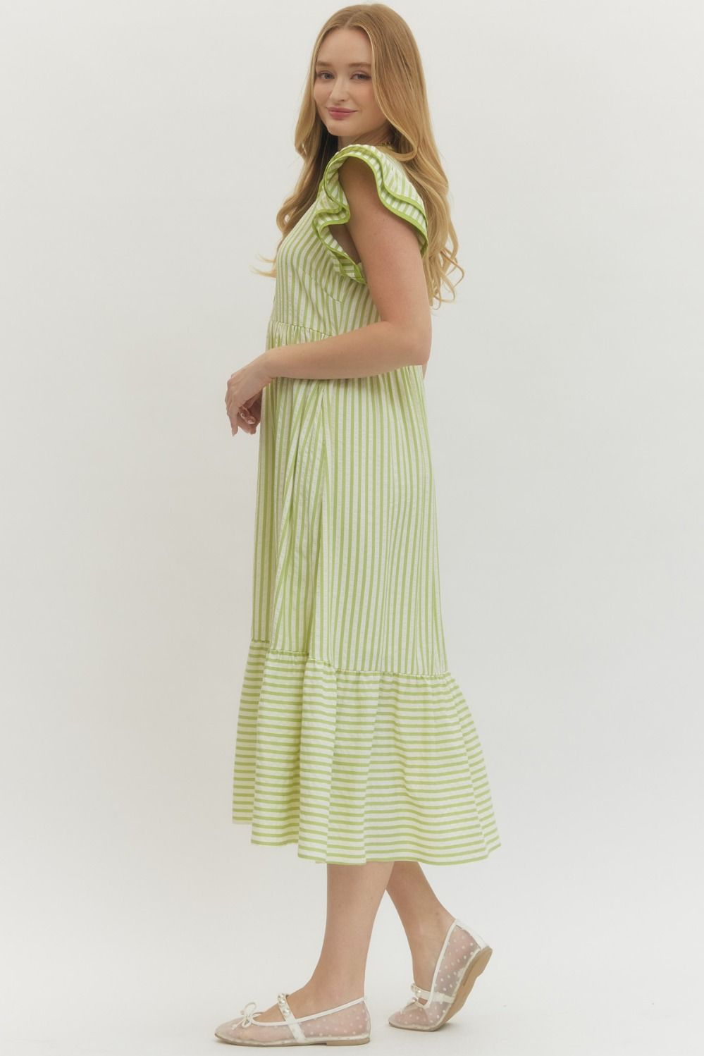 ENTRO INC Women's Dresses Textured stripe pattern tiered ruffle flutter sleeve