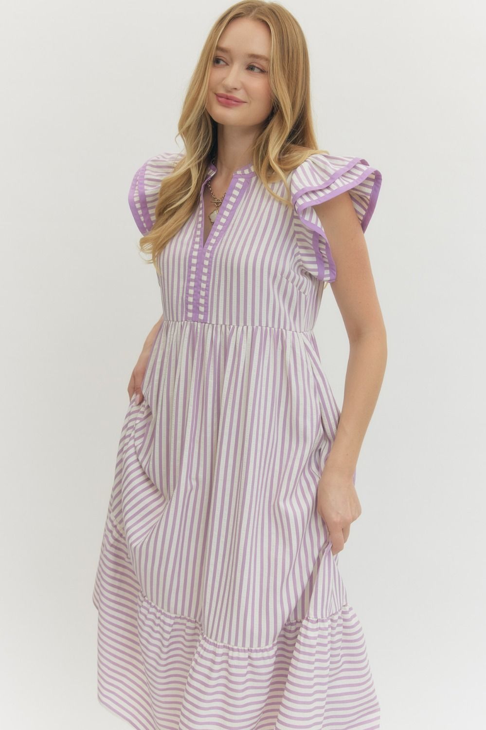 ENTRO INC Women's Dresses Textured stripe pattern tiered ruffle flutter sleeve