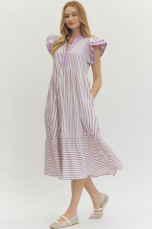 ENTRO INC Women's Dresses Textured stripe pattern tiered ruffle flutter sleeve