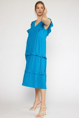 ENTRO INC Women's Dresses V-neck Ruffle Sleeve Tiered Midi Dress || David's Clothing