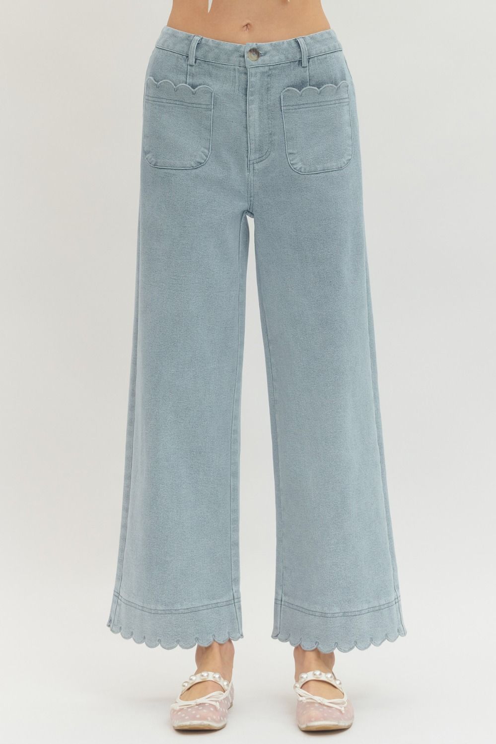 ENTRO INC Women's Jeans Solid Wide Leg Pants Featuring Scallop Accent Trim