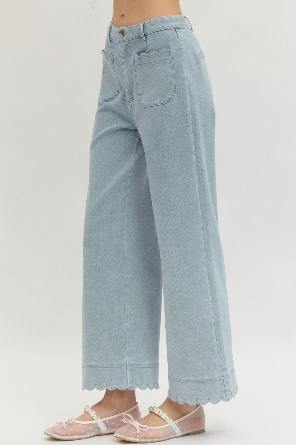 ENTRO INC Women's Jeans Solid Wide Leg Pants Featuring Scallop Accent Trim