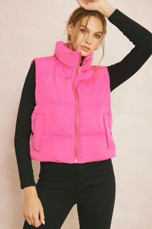 ENTRO INC Women's Outerwear PINK / S Cropped Puffer Zip-Up Vest || David's Clothing J20811