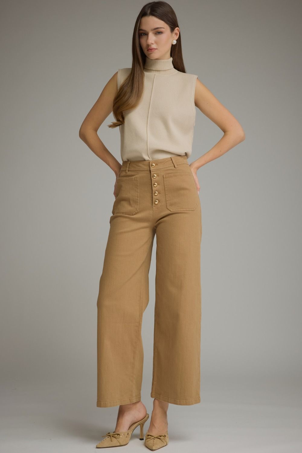 ENTRO INC Women's Pants Solid Wide Leg Pants with Front Button Closure