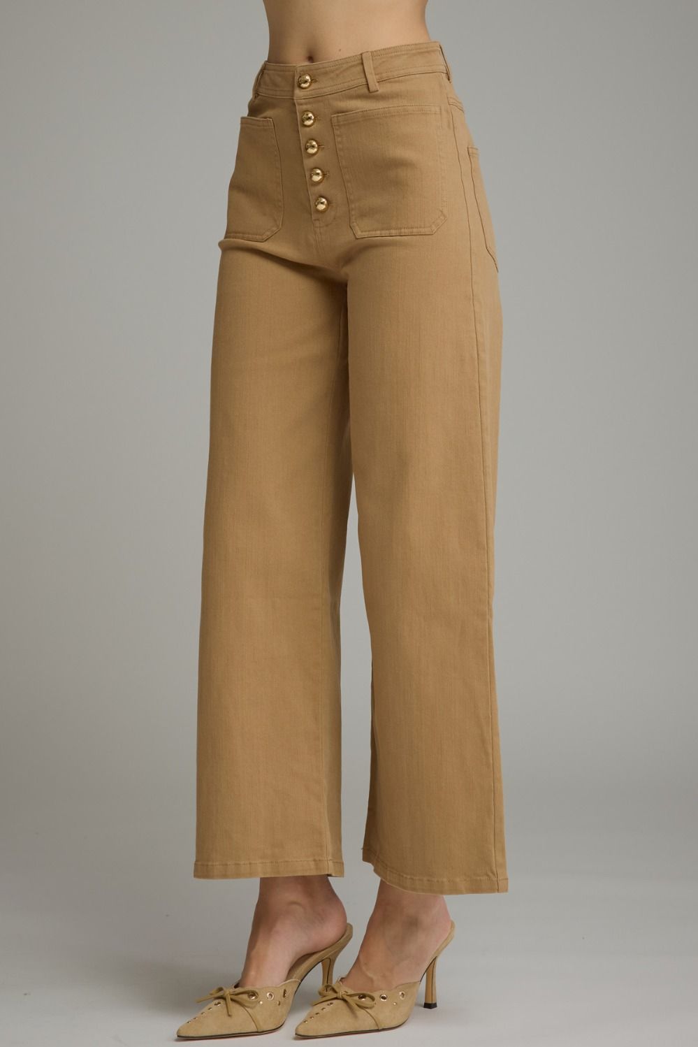ENTRO INC Women's Pants Solid Wide Leg Pants with Front Button Closure