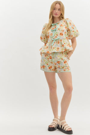 ENTRO INC Women's Shorts Floral Print High Waist Shorts