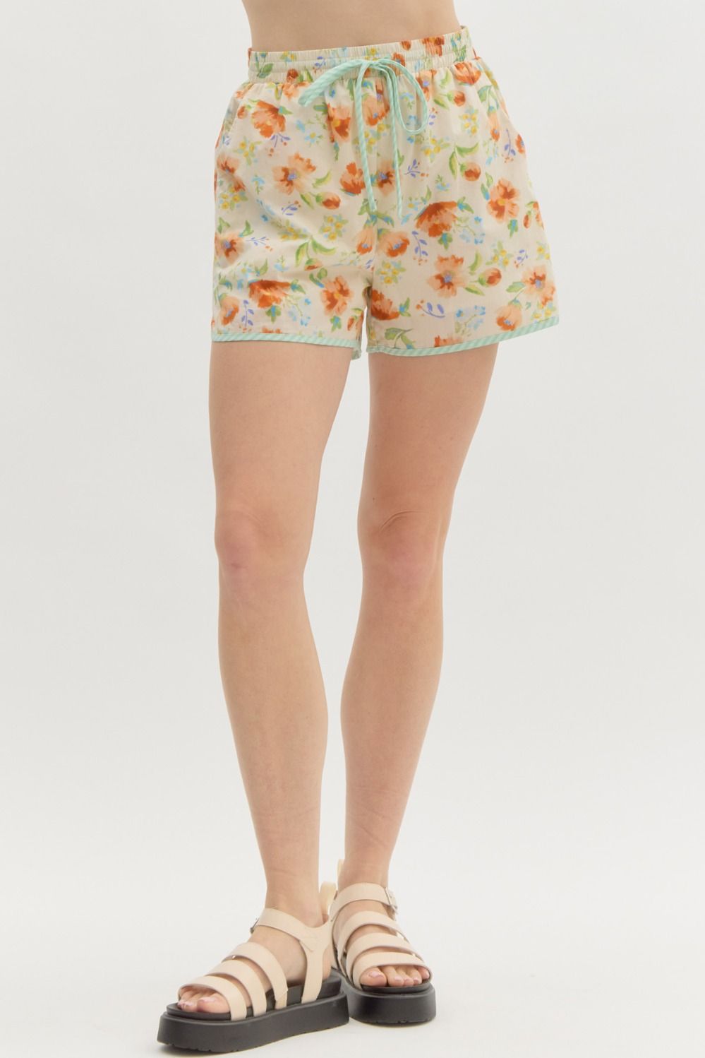 ENTRO INC Women's Shorts Floral Print High Waist Shorts