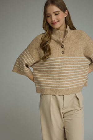 ENTRO INC Women's Sweater CAMEL / S Stripe Short Sleeve Knit Top T32357