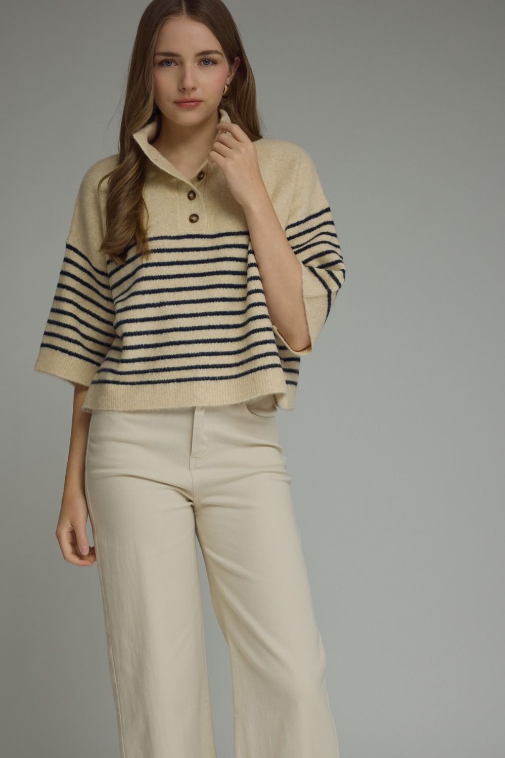 ENTRO INC Women's Sweater CAMEL / S Stripe Short Sleeve Knit Top T32357