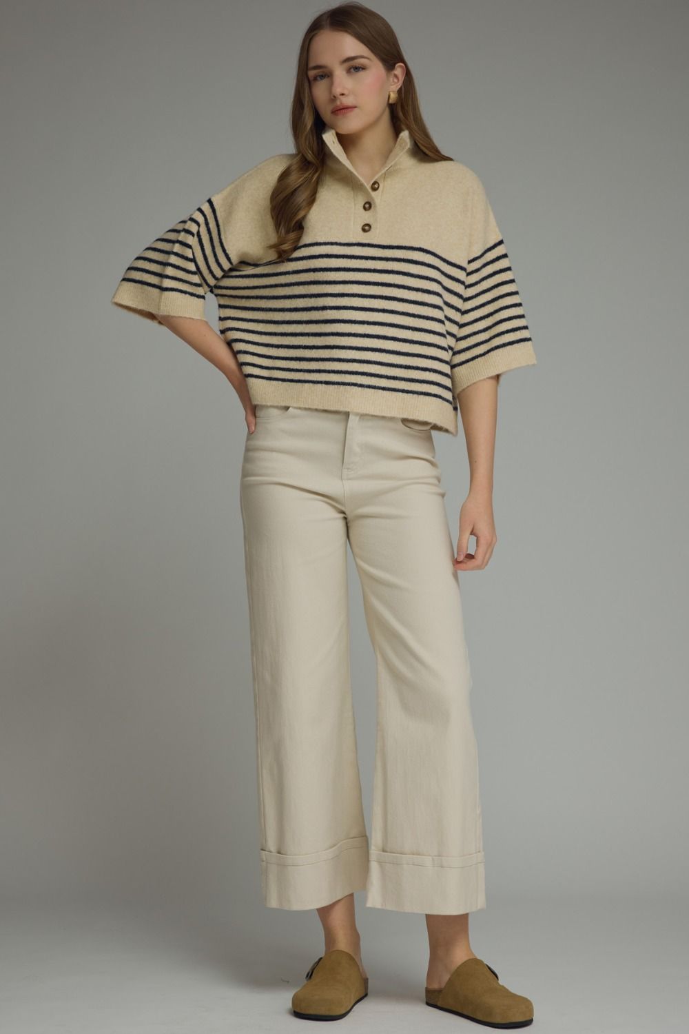 ENTRO INC Women's Sweater Stripe Short Sleeve Knit Top
