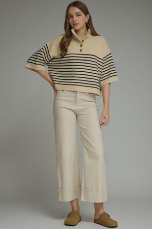 ENTRO INC Women's Sweater Stripe Short Sleeve Knit Top