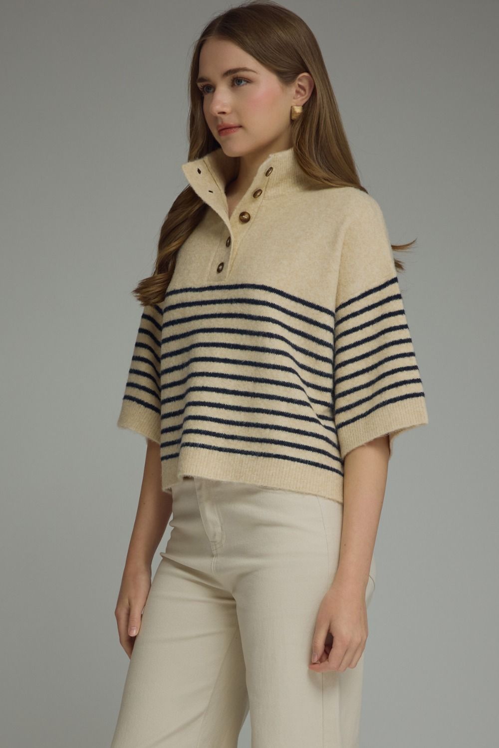 ENTRO INC Women's Sweater Stripe Short Sleeve Knit Top