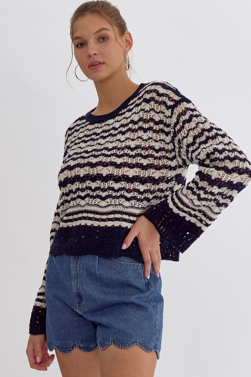ENTRO INC Women's Sweaters NAVY / S Crochet Striped Sweater || David's Clothing T22711