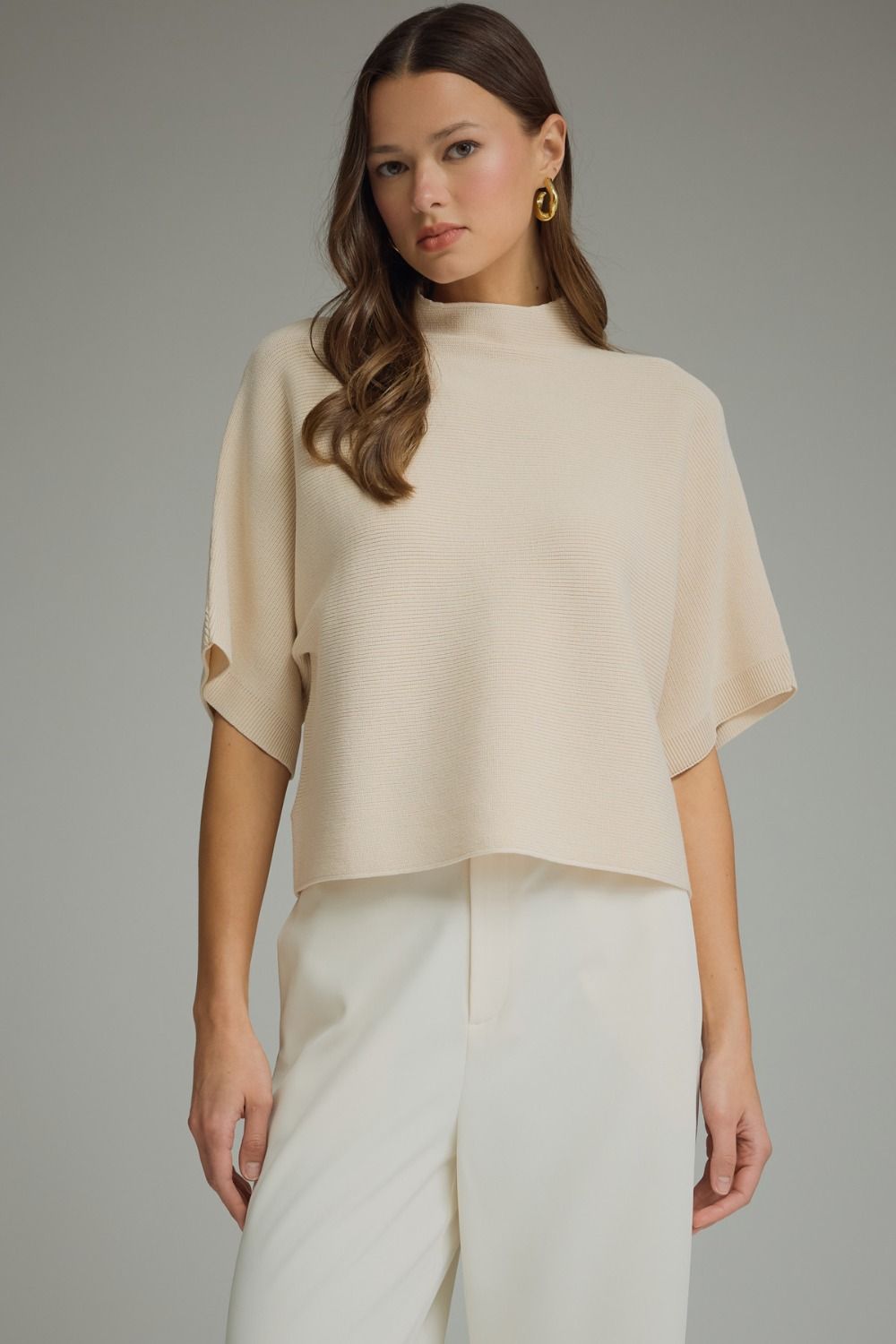ENTRO INC Women's Sweaters ECRU / S Solid Mock Neck Short Sleeve Sweater Knit Top T31958