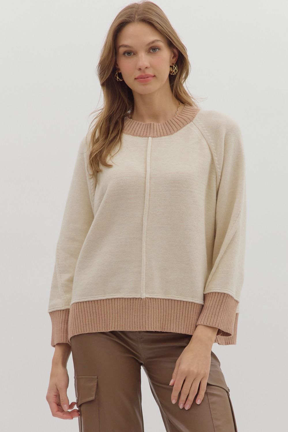 ENTRO INC Women's Sweaters ECRU / S Solid sweater knit long sleeve pullover top T26070