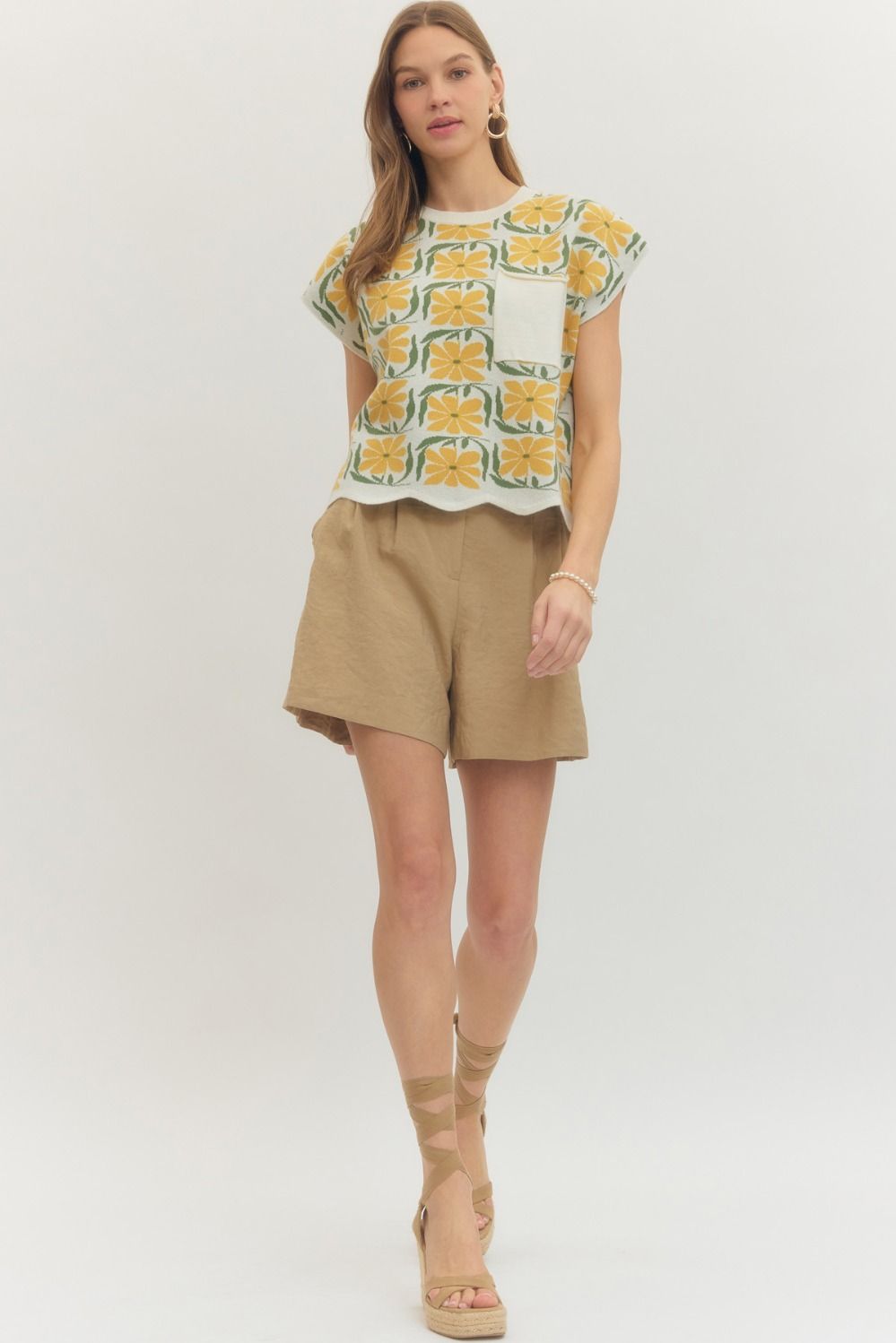 ENTRO INC Women's Sweaters Floral Knit Cap Sleeve Top