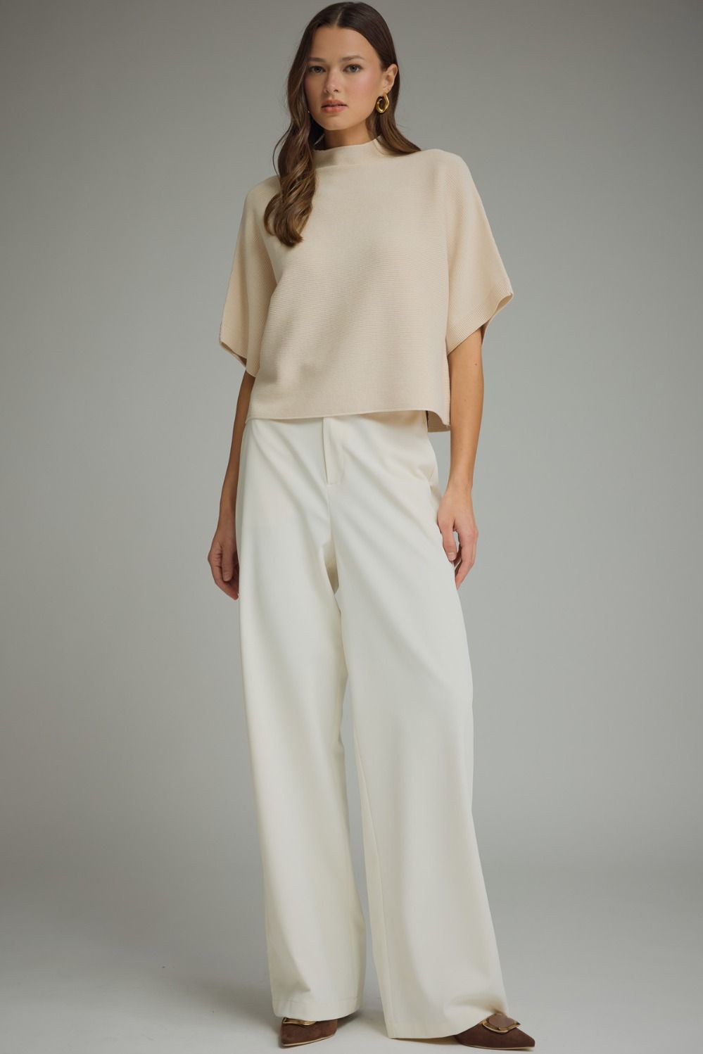 ENTRO INC Women's Sweaters Solid Mock Neck Short Sleeve Sweater Knit Top